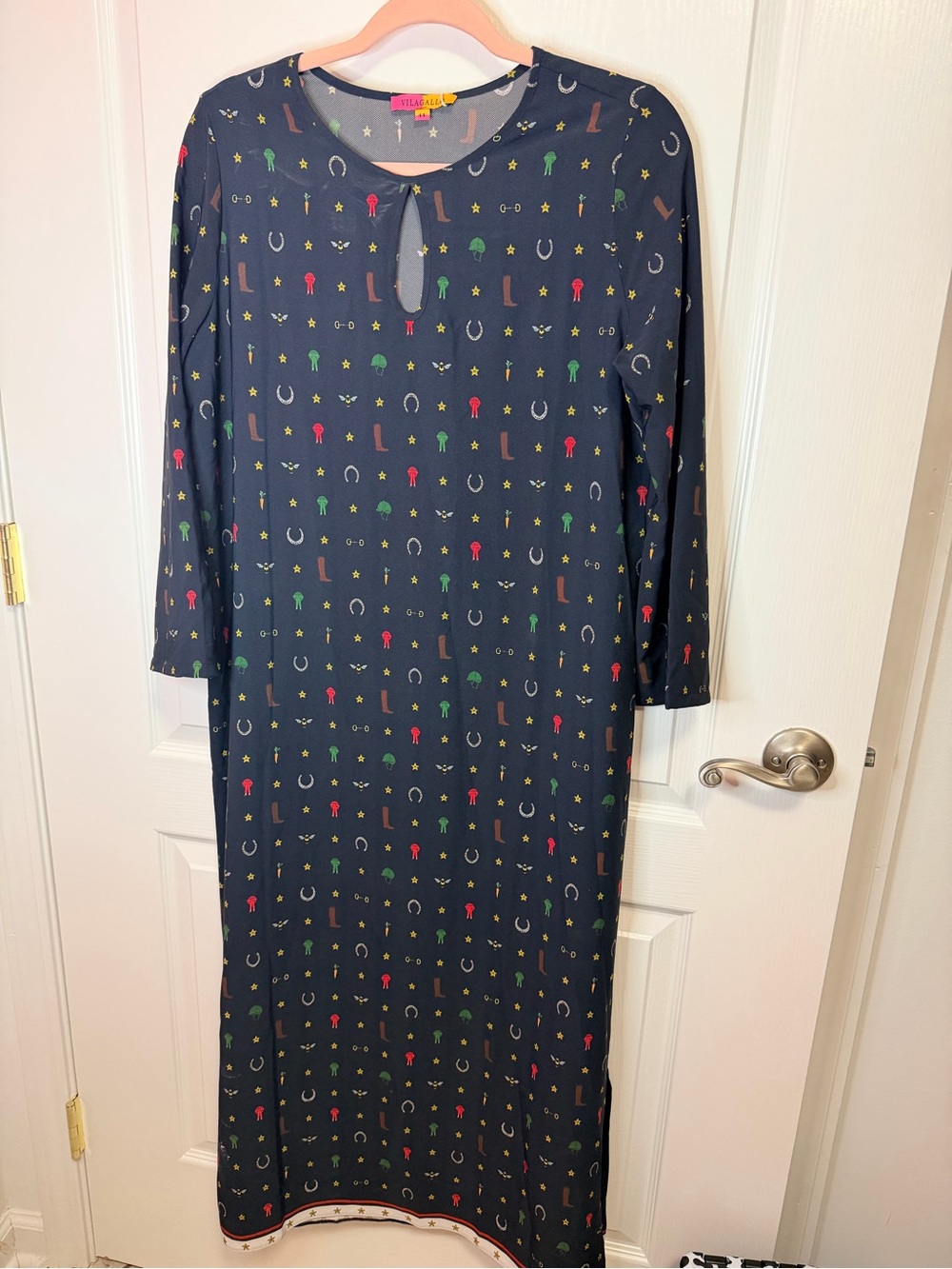 Vilagallo Navy Maxi Dress with Multicolor Icon Print
